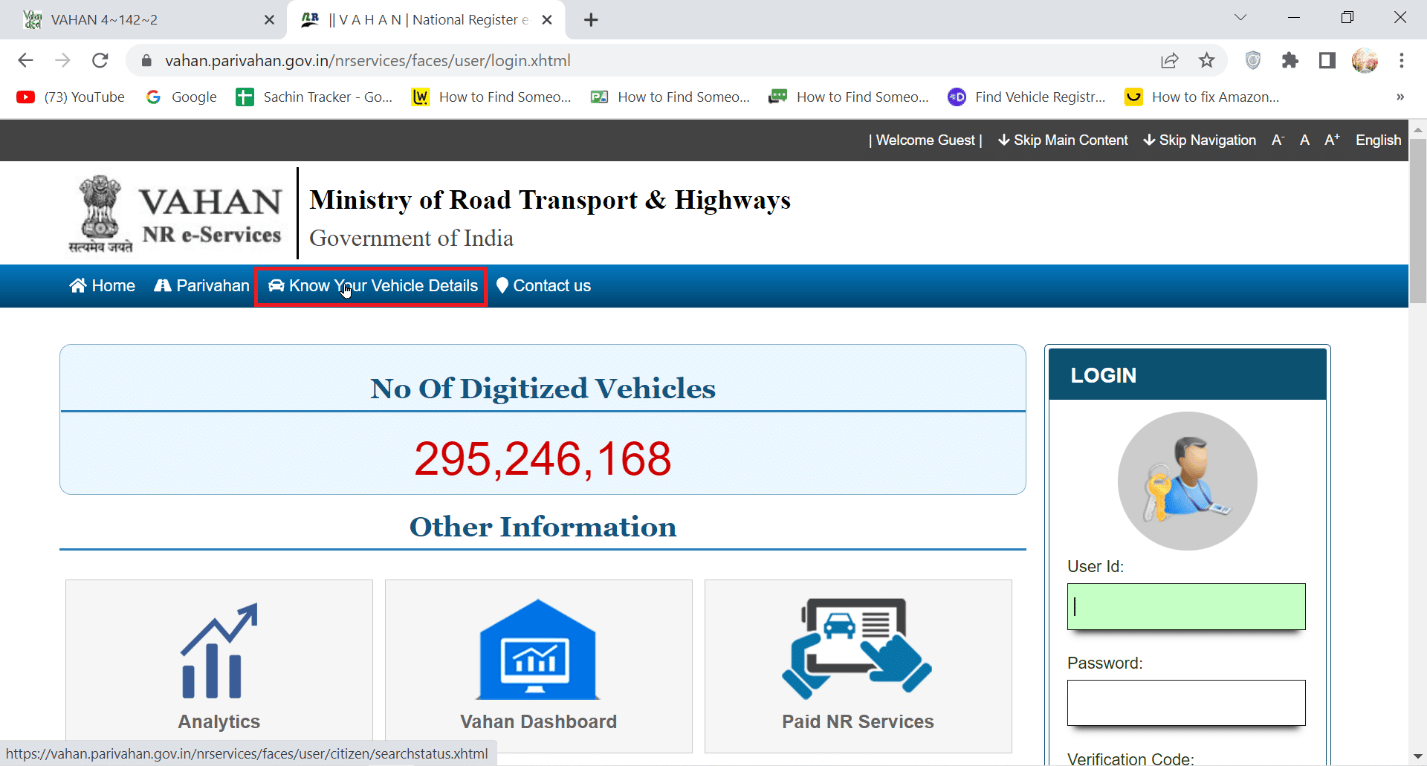 click on know your vehicle details