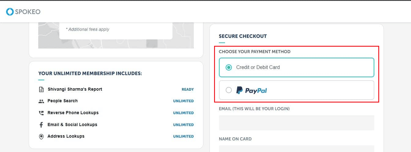 Choose the desired payment method | use Spokeo for free