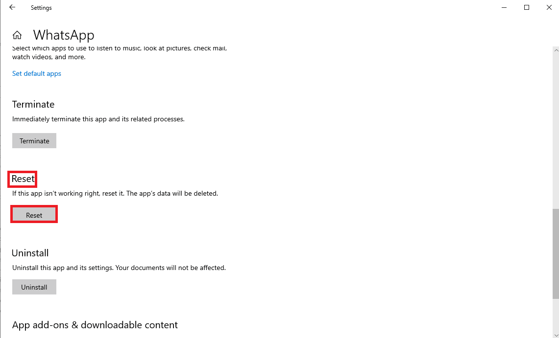 Scroll down and locate and click the Reset button to reset the application