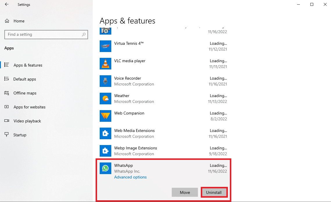 Locate and click on WhatsApp and click Uninstall