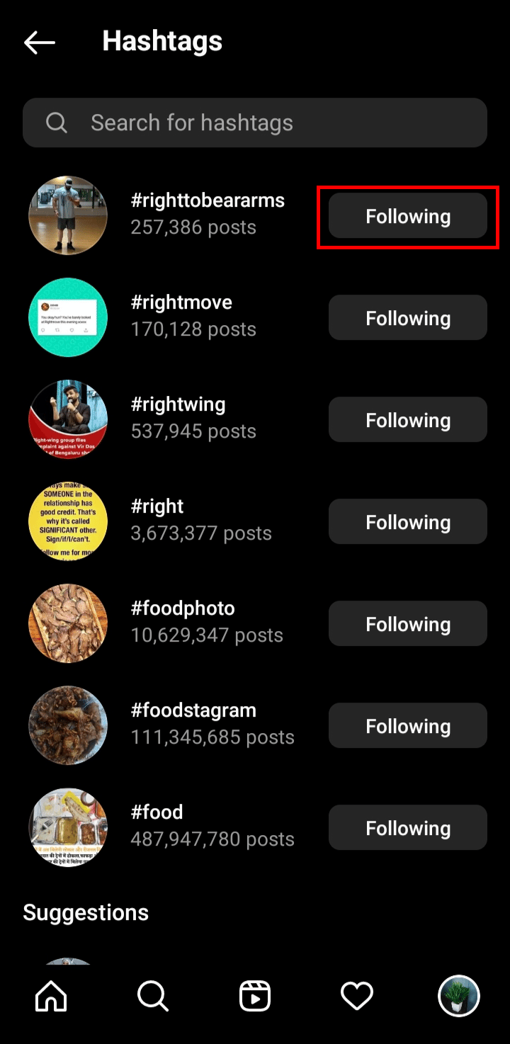 Tap on the Following button beside a hashtag.