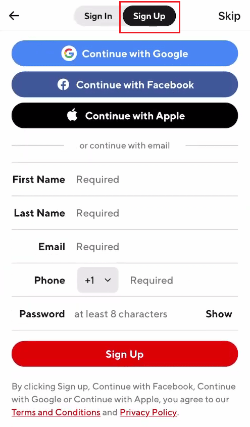 Switch to the Sign Up tab from the top