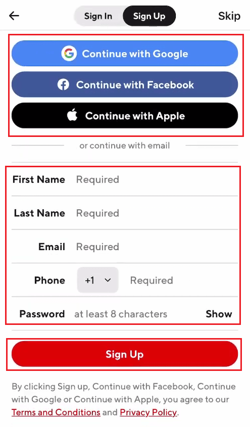Sign Up with your Google, Facebook, or Apple account OR provide your name, email, phone number, and password and tap on Sign Up | DoorDash account deactivated
