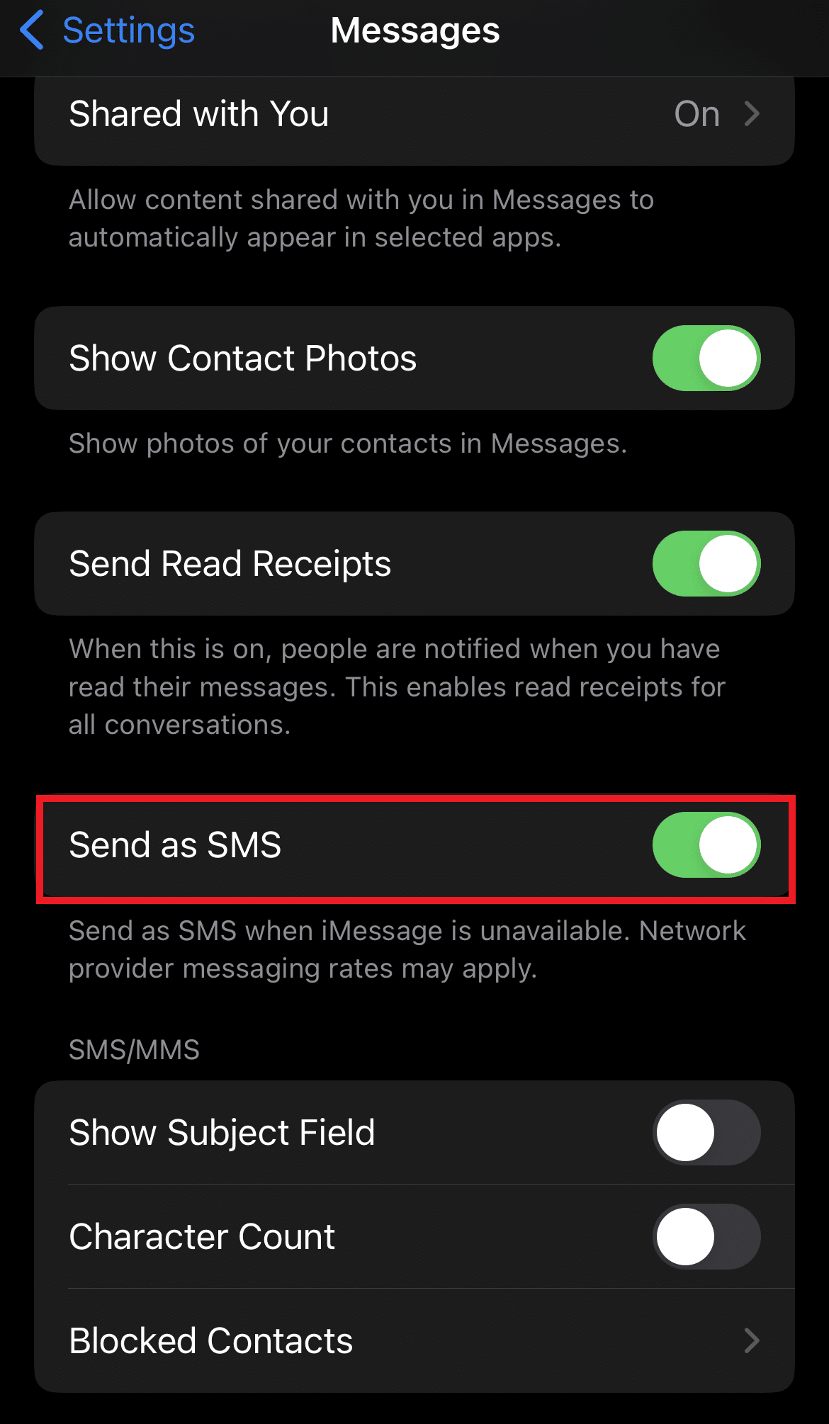  Toggle on Send as SMS