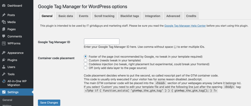 options for setting up google tag manager for wordpress