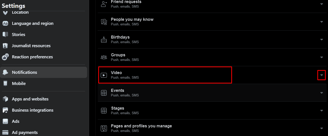 After you switched to the Notification tab, scroll down and click on the down arrow next to the Video option