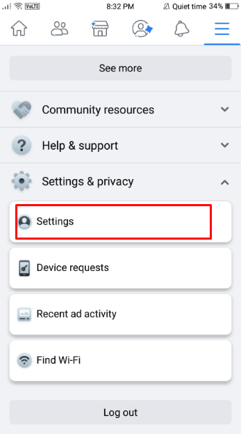 Now tap on the Settings option under the Settings & Privacy menu
