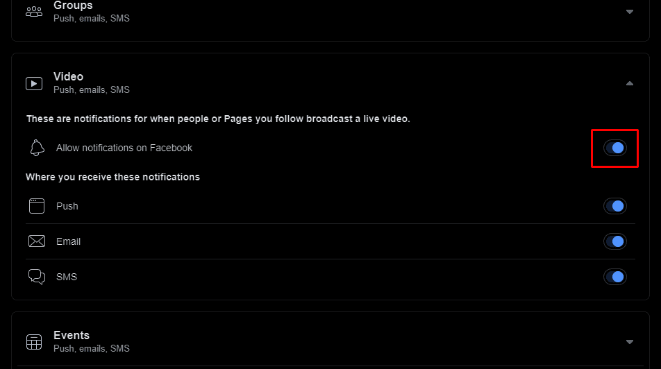 Then toggle switch to the on position next to the Show notifications on Facebook option to opt out of live video notifications on Facebook.