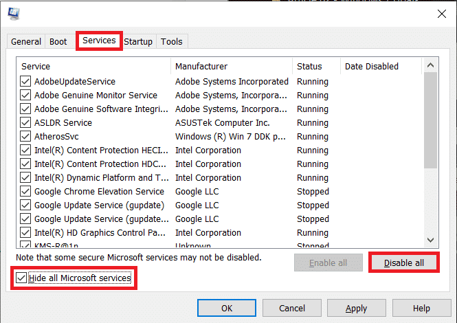 Move over to the Services tab and tick the box next to Hide all Microsoft services and click Disable all