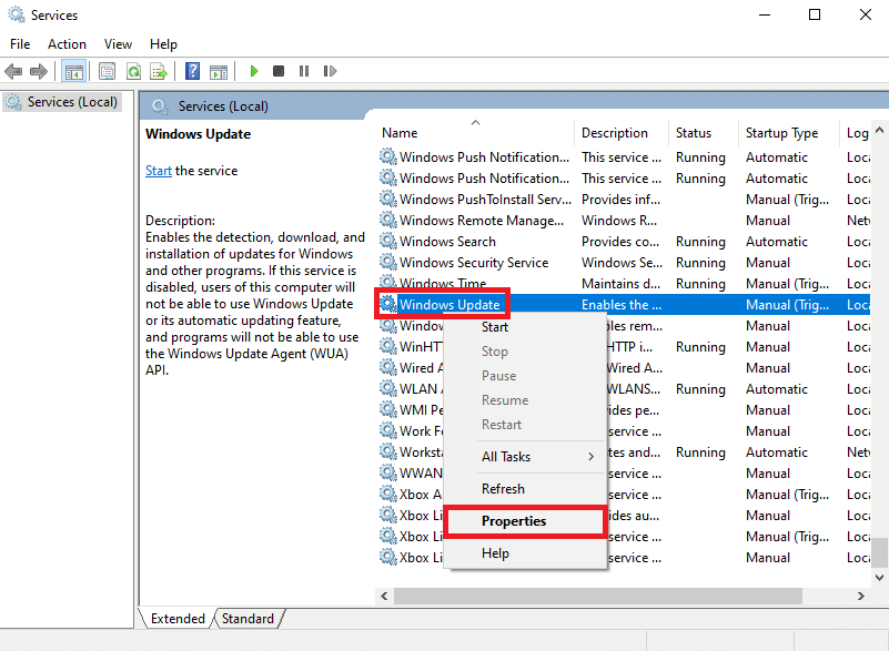 Locate and right click on the Windows update and click on Properties