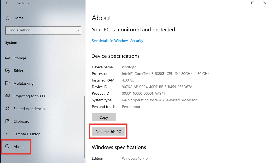 click on About and click on Rename this PC