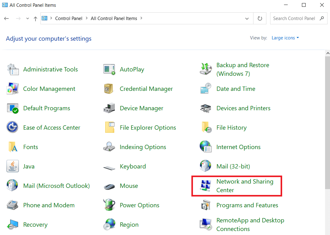 Select Network and Sharing Center