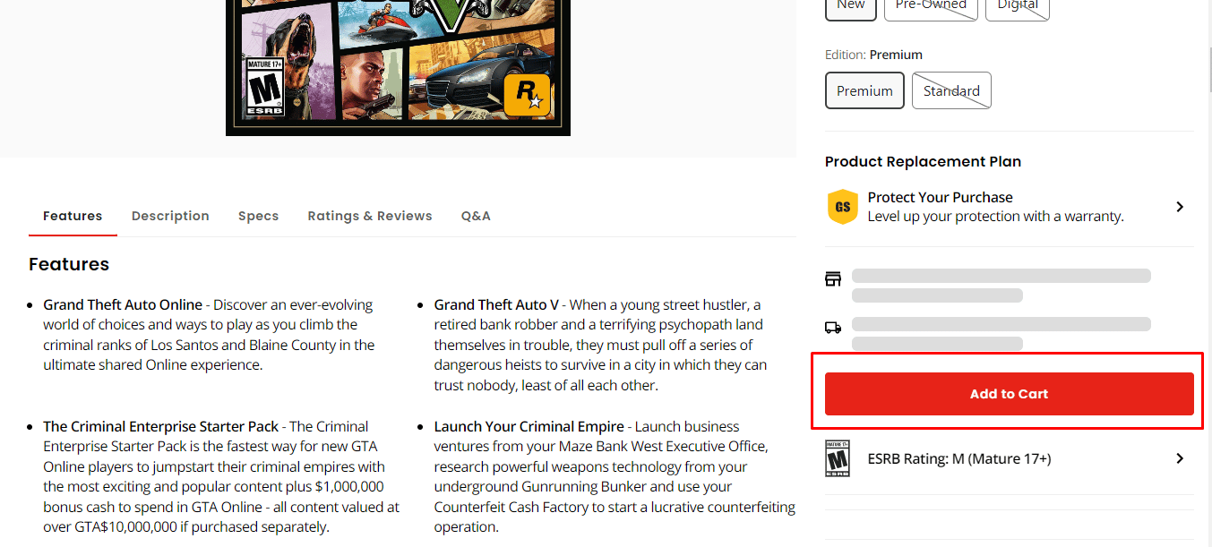 After selecting the game or any other good click on Add to Cart.