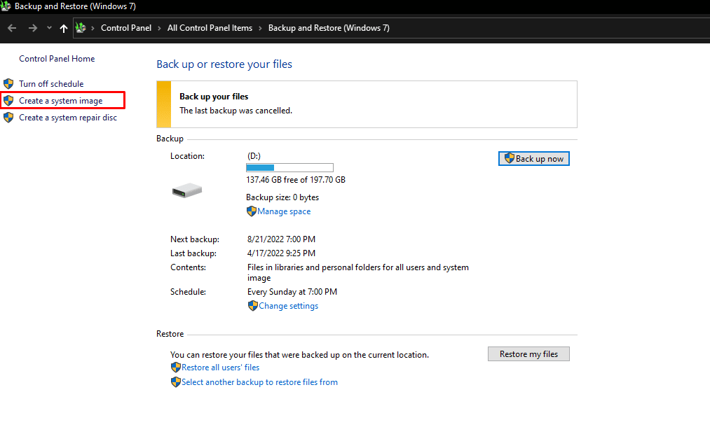 Then under the Backup and Restore window, click on Create a system image at the top right corner. 