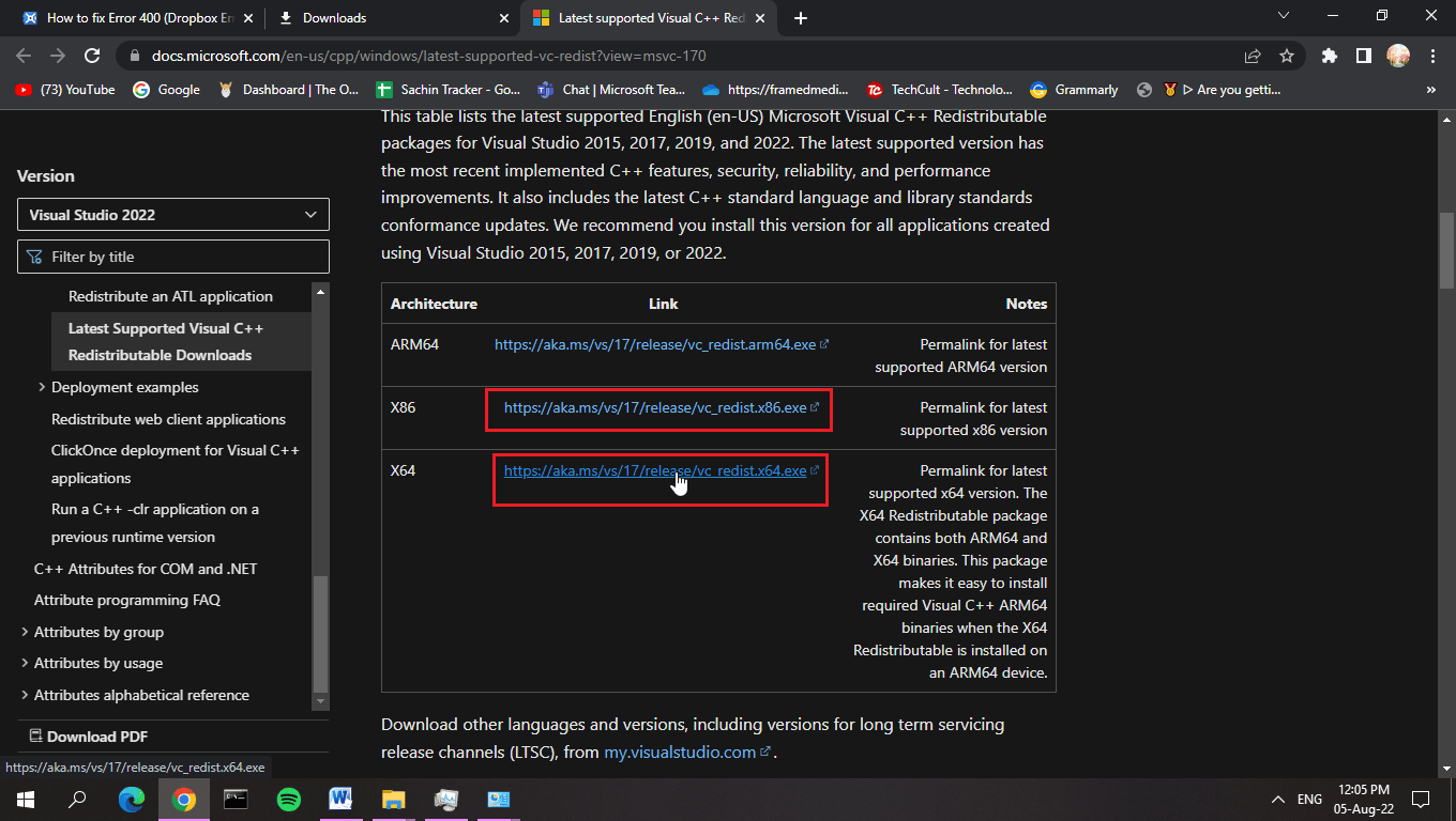 Navigate to the official link, and click on the official link for Microsoft 2015 – 2022 runtime libraries