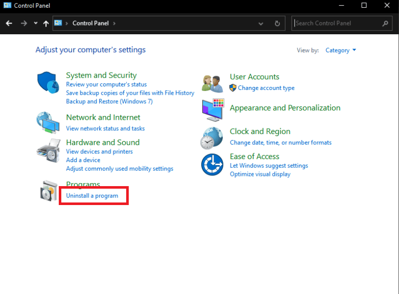 click Uninstall a Program in the Programs category.Fix Dropbox Error 400 Message in Windows 10