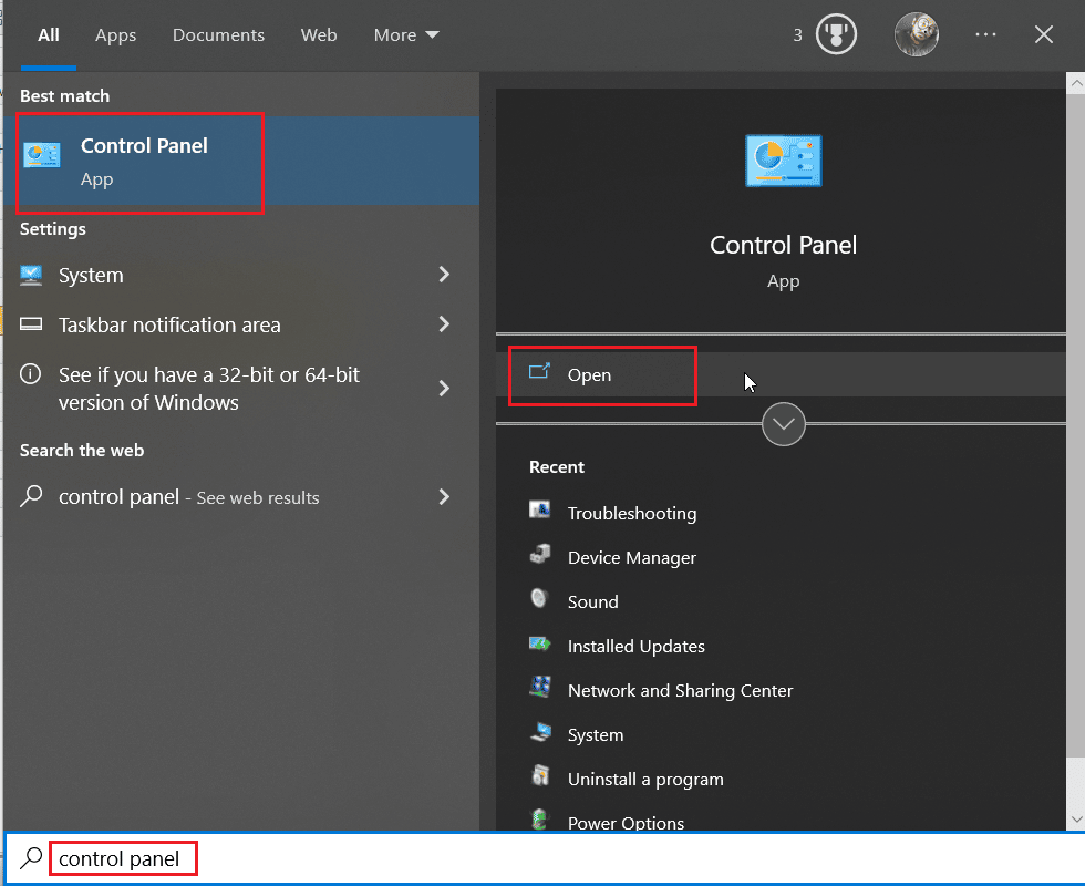 search control panel and open