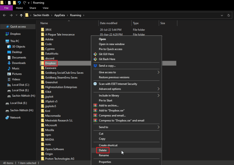 delete dropbox from appdata roaming folder