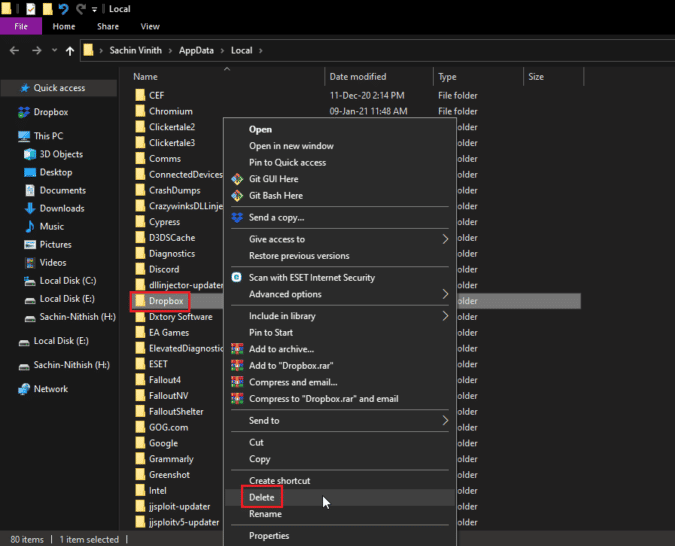 delete dropbox local appdata file