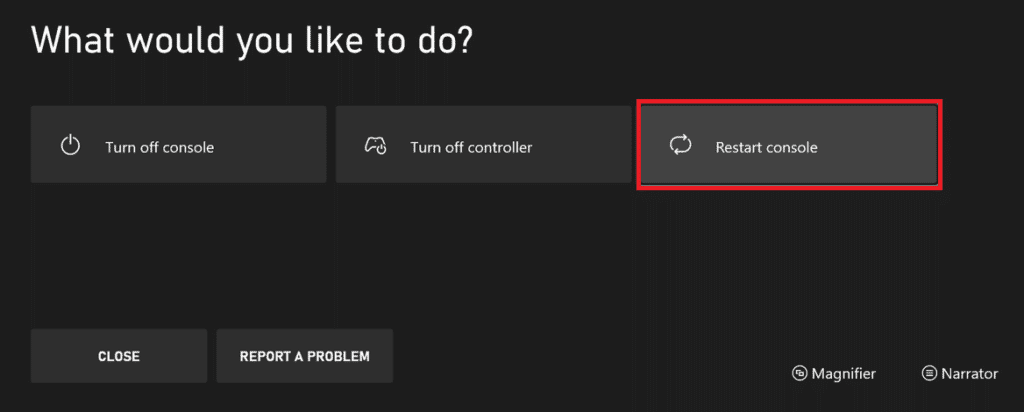 Select Restart console. Fix Xbox One Error Code 0X87E107DF