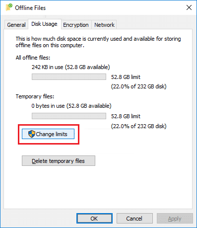 Switch to Data usage tab under the Offline Files window then click on Change limits. Fix Error 0x80070718 in Windows 10
