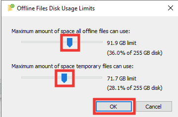offline files disk usage limits