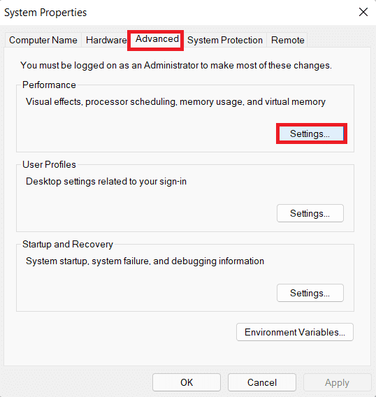 go to advanced tab and select Settings button for Performance in System Properties. Fix Error 0x80070718 in Windows 10