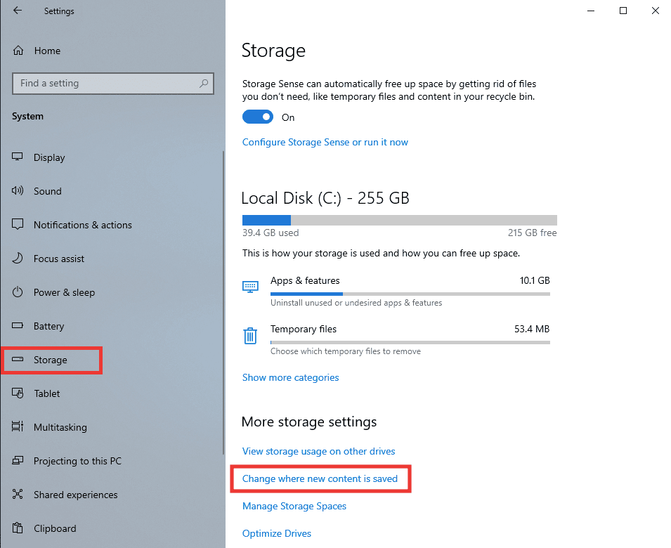 change where new content is saved in Storage menu