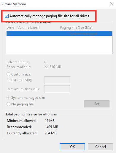 Automatically manage paging file size for all drives option in Virtual Memory