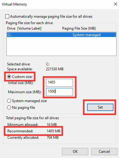 click on custom size now enter the initial size in virtual memory. Fix Error 0x80070718 in Windows 10