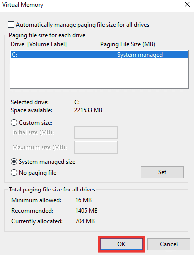 click on OK in Virtual memory window