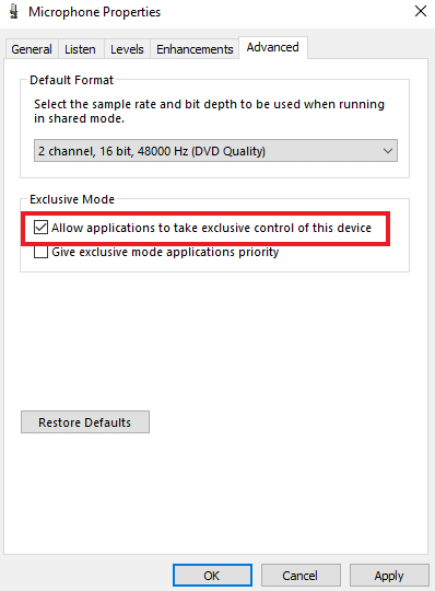Select Allow applications to take exclusive control of this device