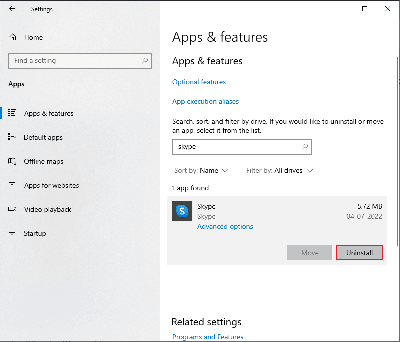search and click on Skype and select Uninstall option
