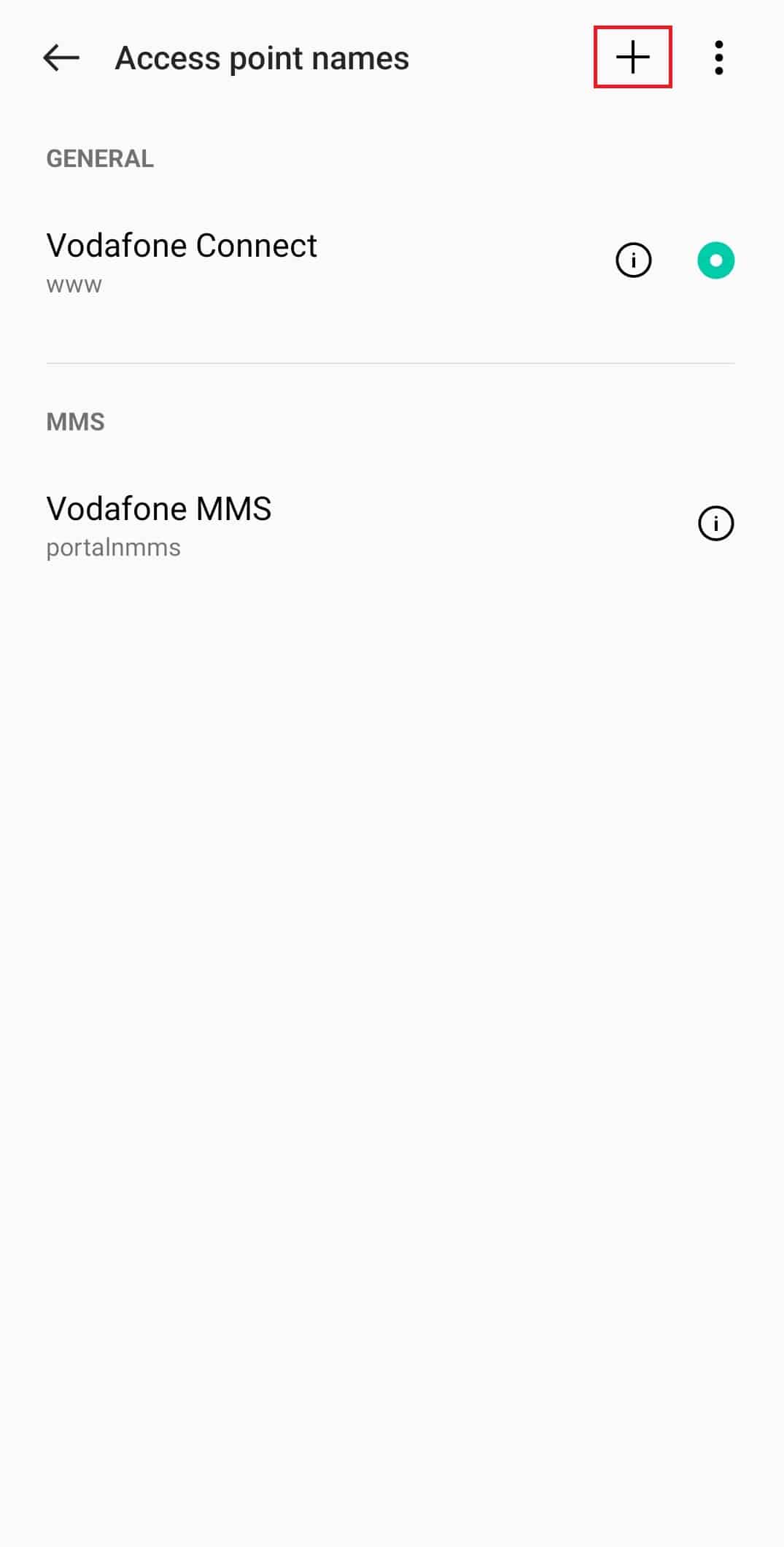 tap on the plus icon and add the APN details