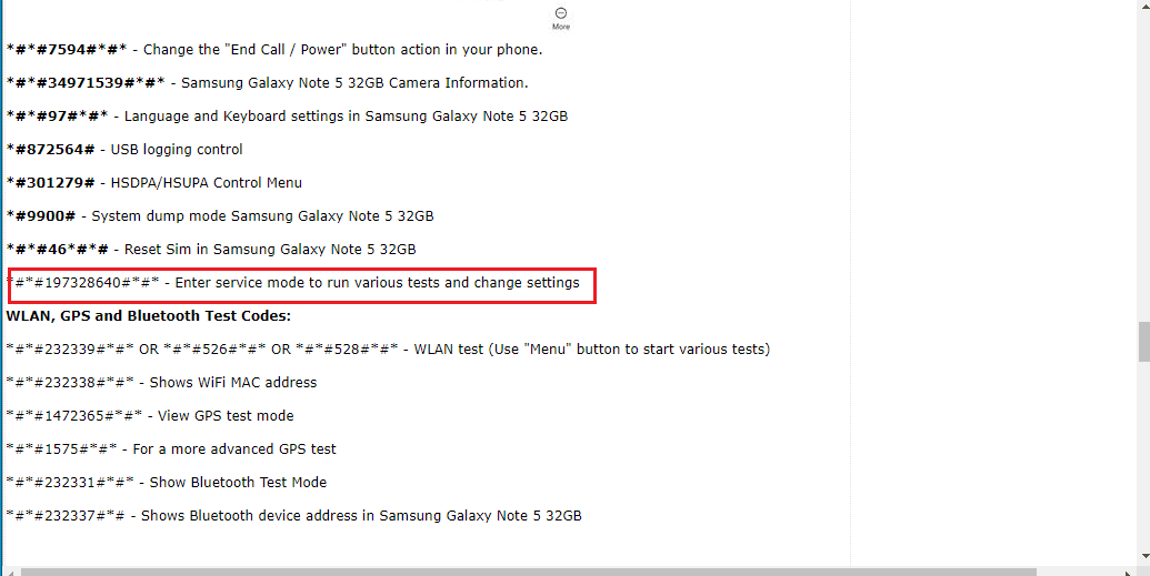 Open the official website of the service code of Samsung Galaxy Note 5 and note the numeric code of the Service mode