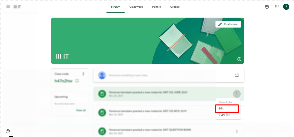 Click on Edit | How to Delete Google Classroom Assignment