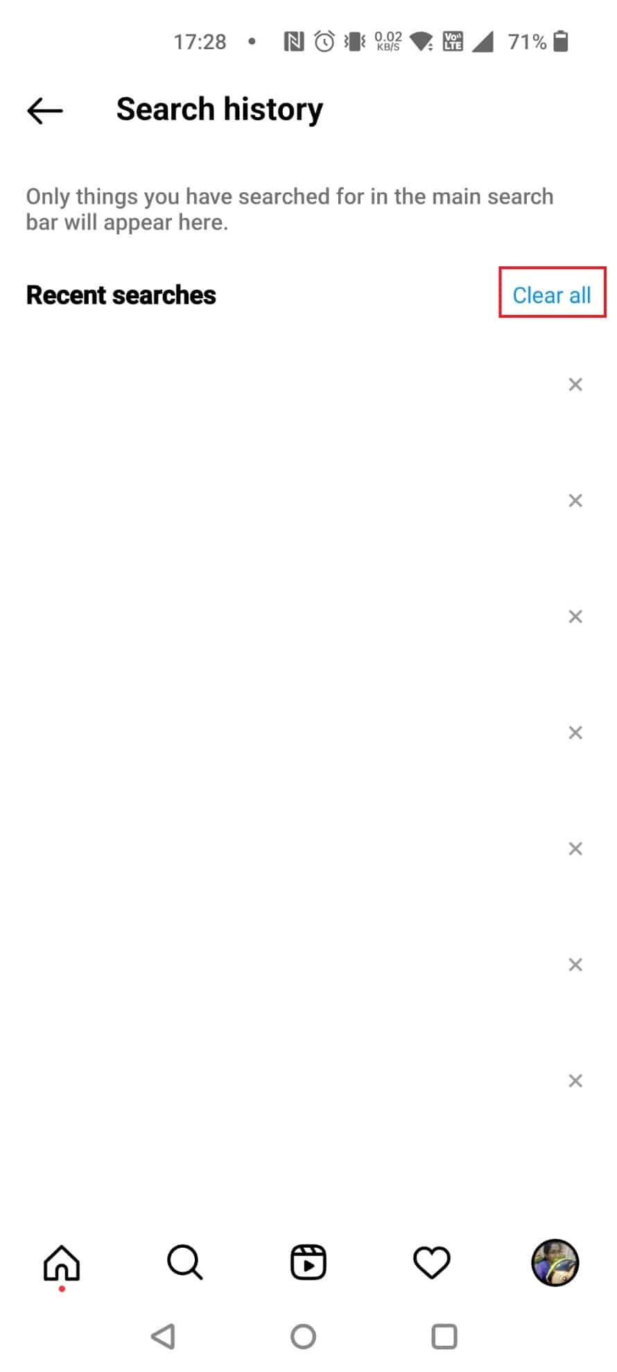 Tap on Clear all to delete all your data log on Instagram | How to reset your instagram account | clearing cache delete pictures on Instagram