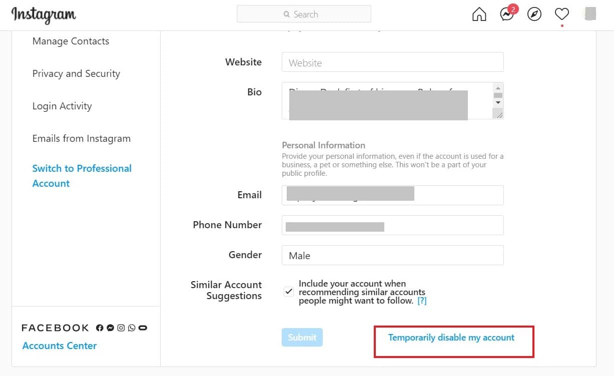 Scroll down and click on Temporarily disable my account | clearing cache delete pictures on Instagram