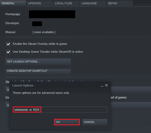 edit launch options as windowed w 1024 and click on OK