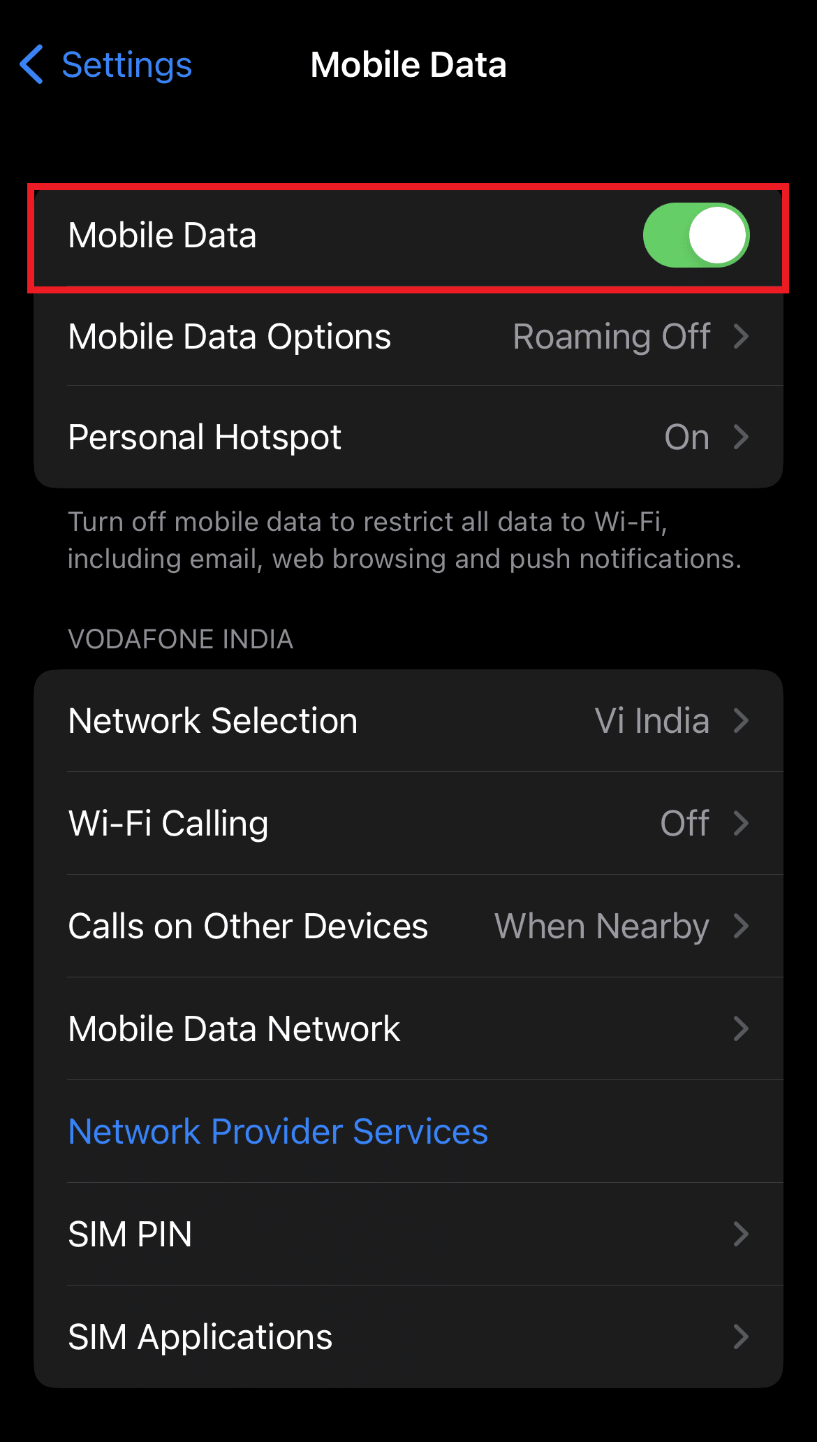 Toggle on Mobile Data