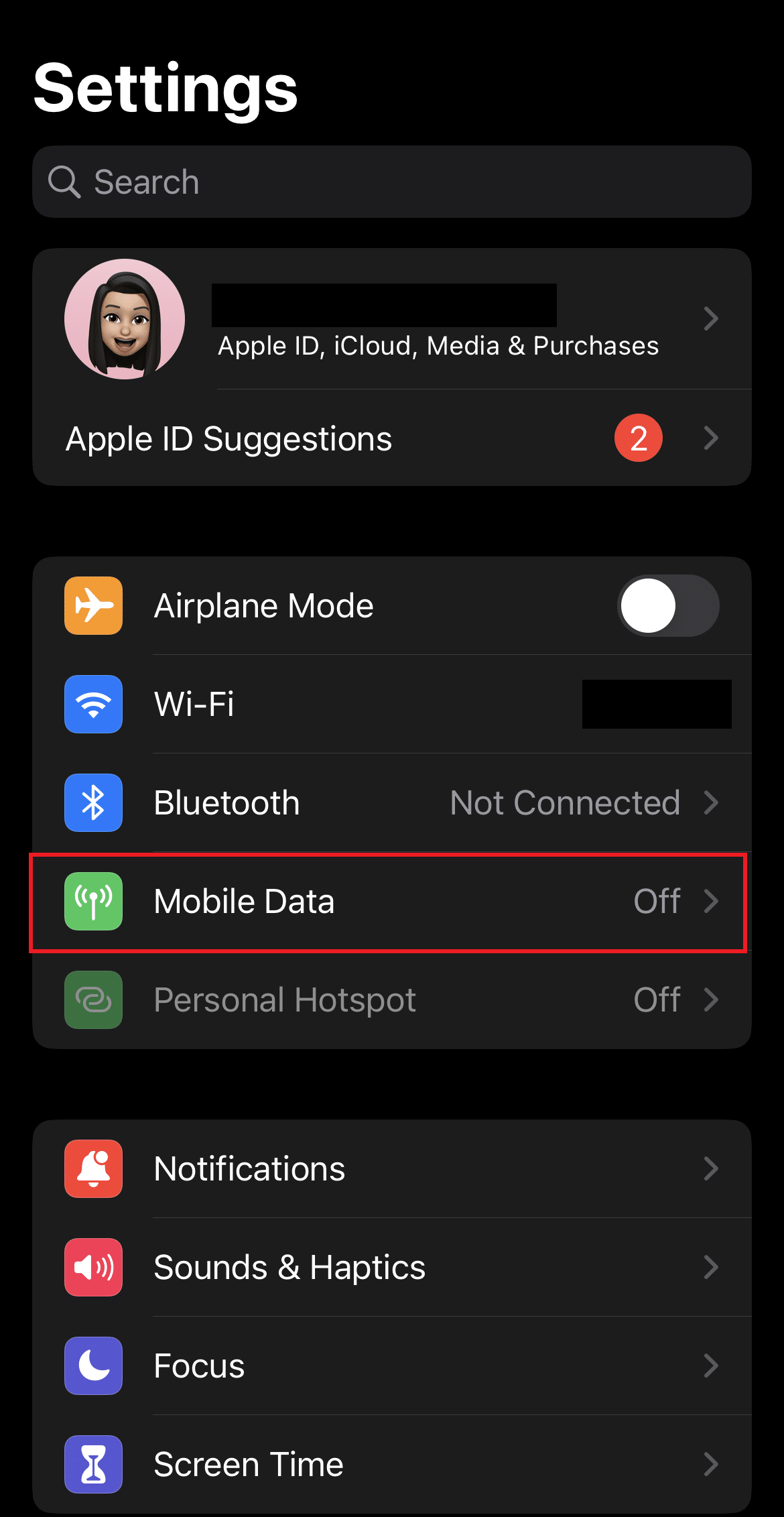 Tap on Mobile Data