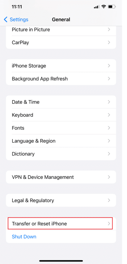 Tap on Transfer or Reset iPhone