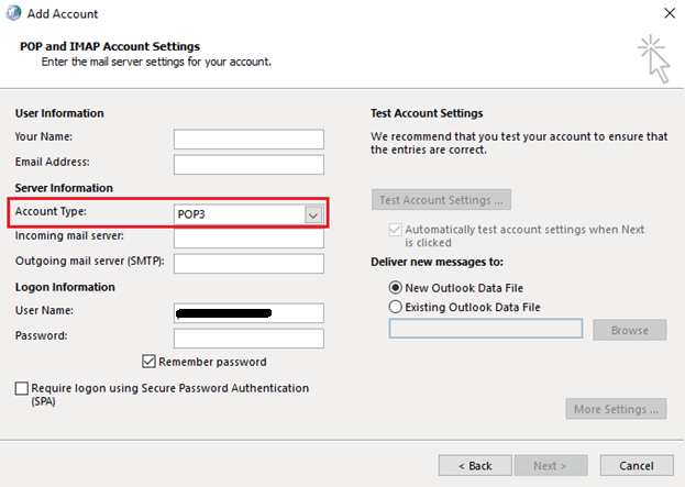 Enter your credentials and select account type POP3. Fix this is not a valid file name outlook