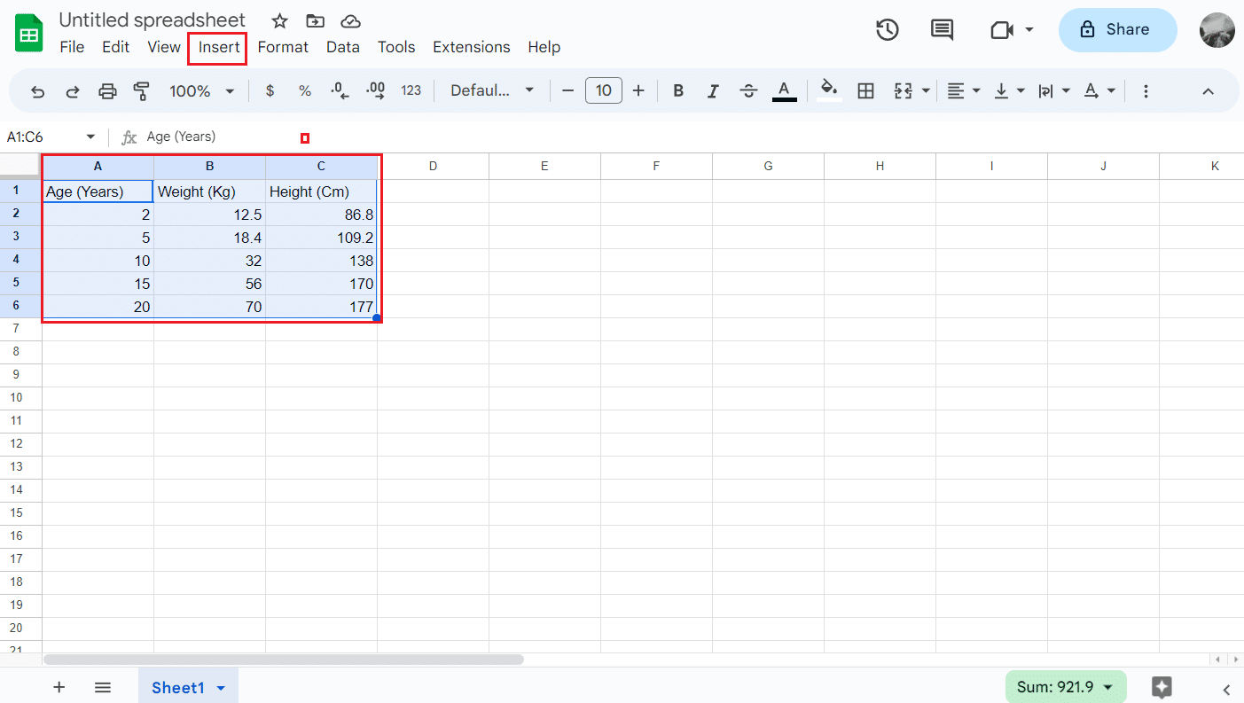 Select the data table with the mouse cursor and click on Insert | How to Create a Graph in Google Sheets