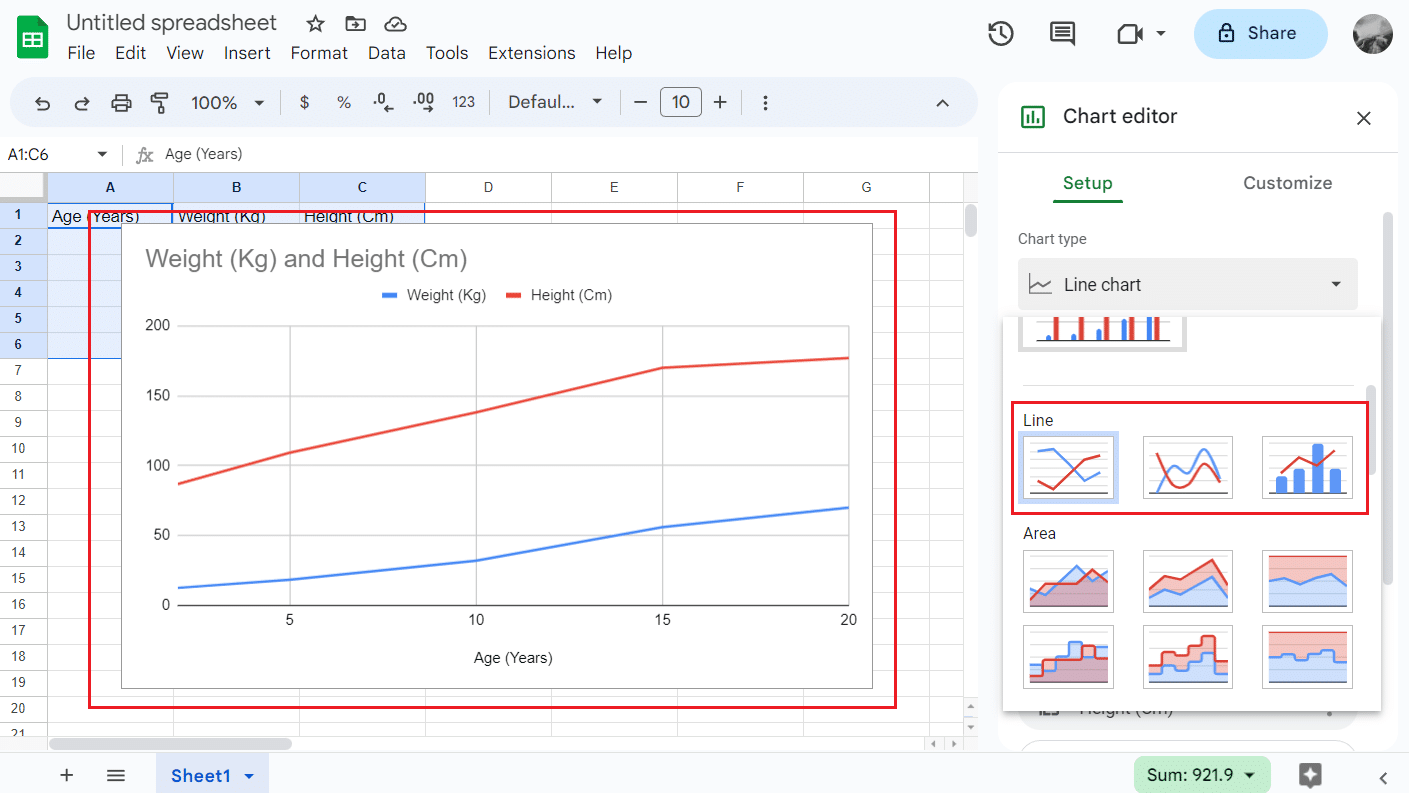 select the desired line graph template from the Chart type field | How to Create a Graph in Google Sheets