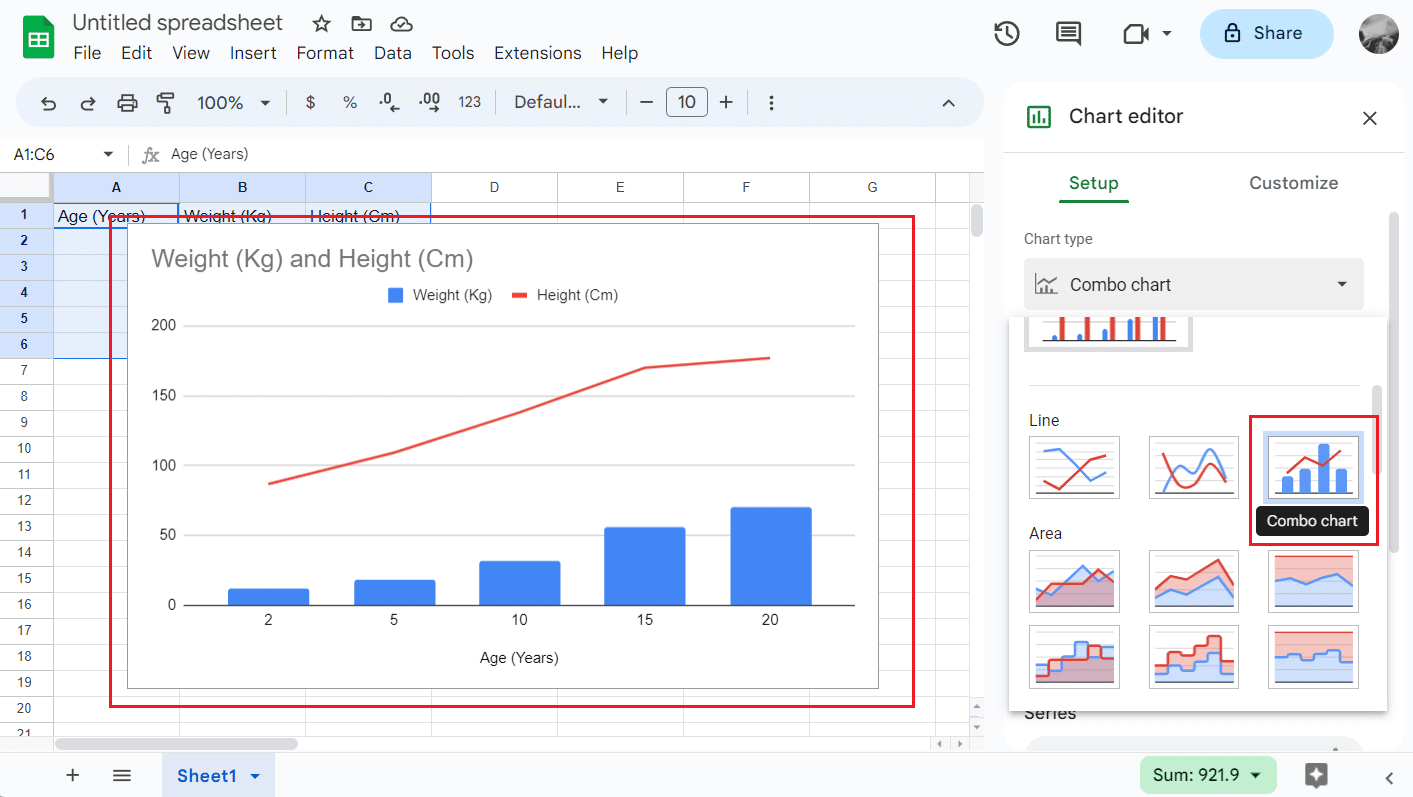 make a line graph with only one line by selecting the Combo chart as the chart type