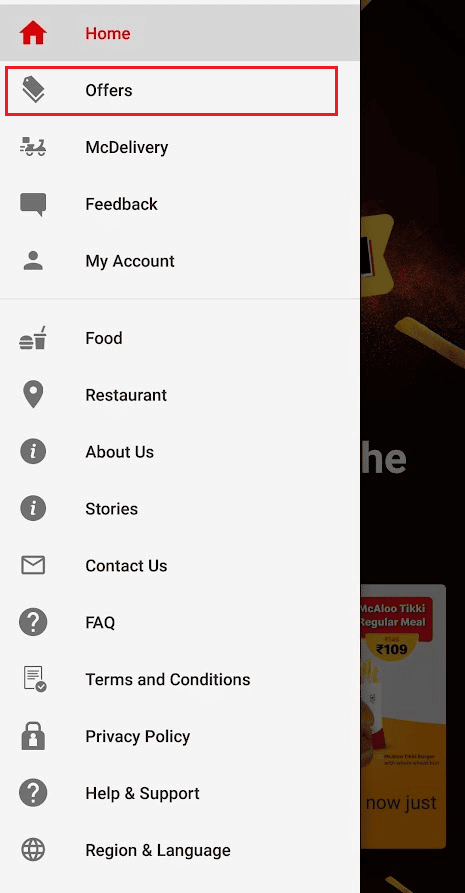 tap on hamburger icon - Offers