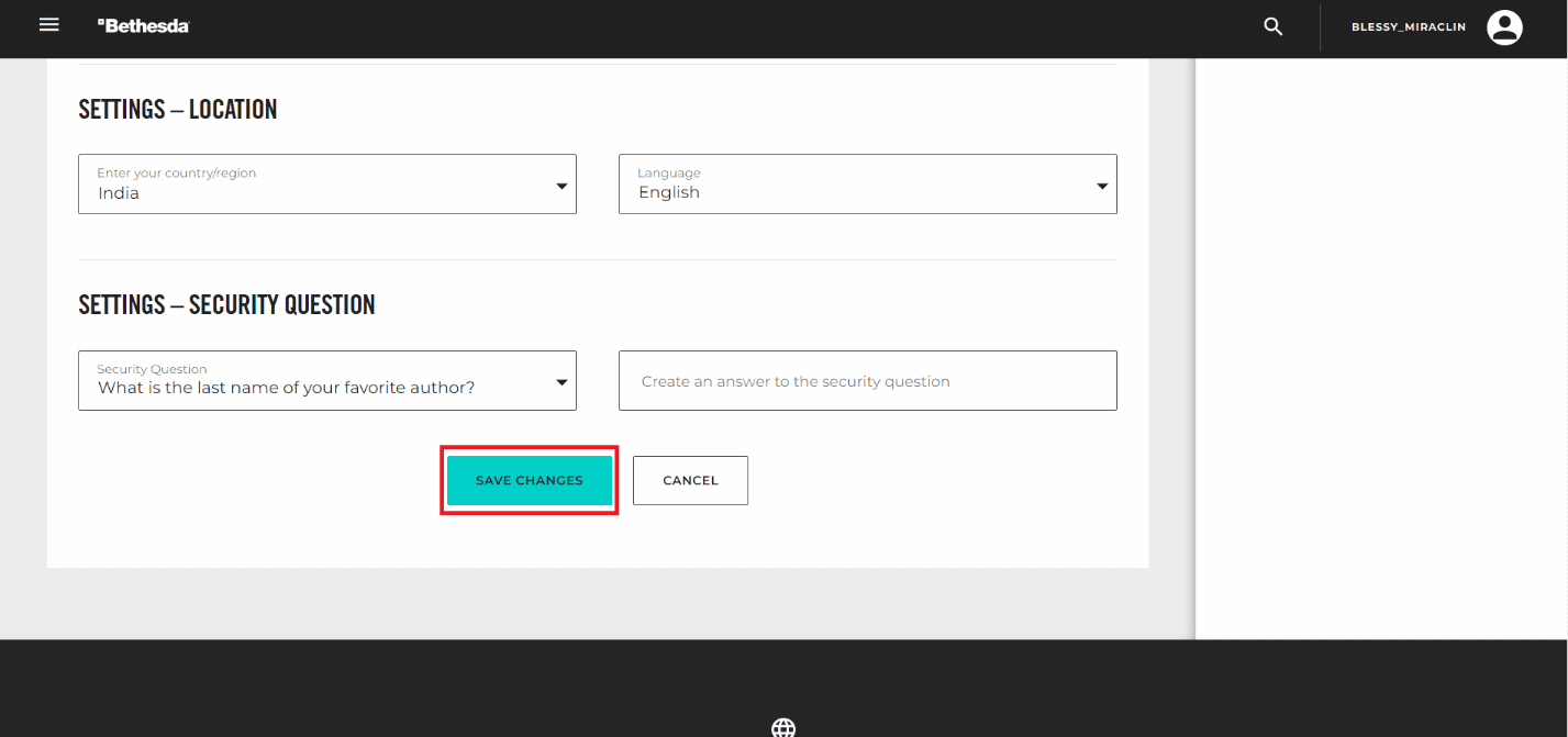 scroll down and click on SAVE CHANGES | How to Recover Bethesda Account
