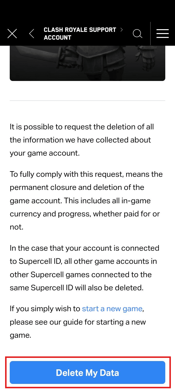 Click on Delete My Data | How to delete clash royale account