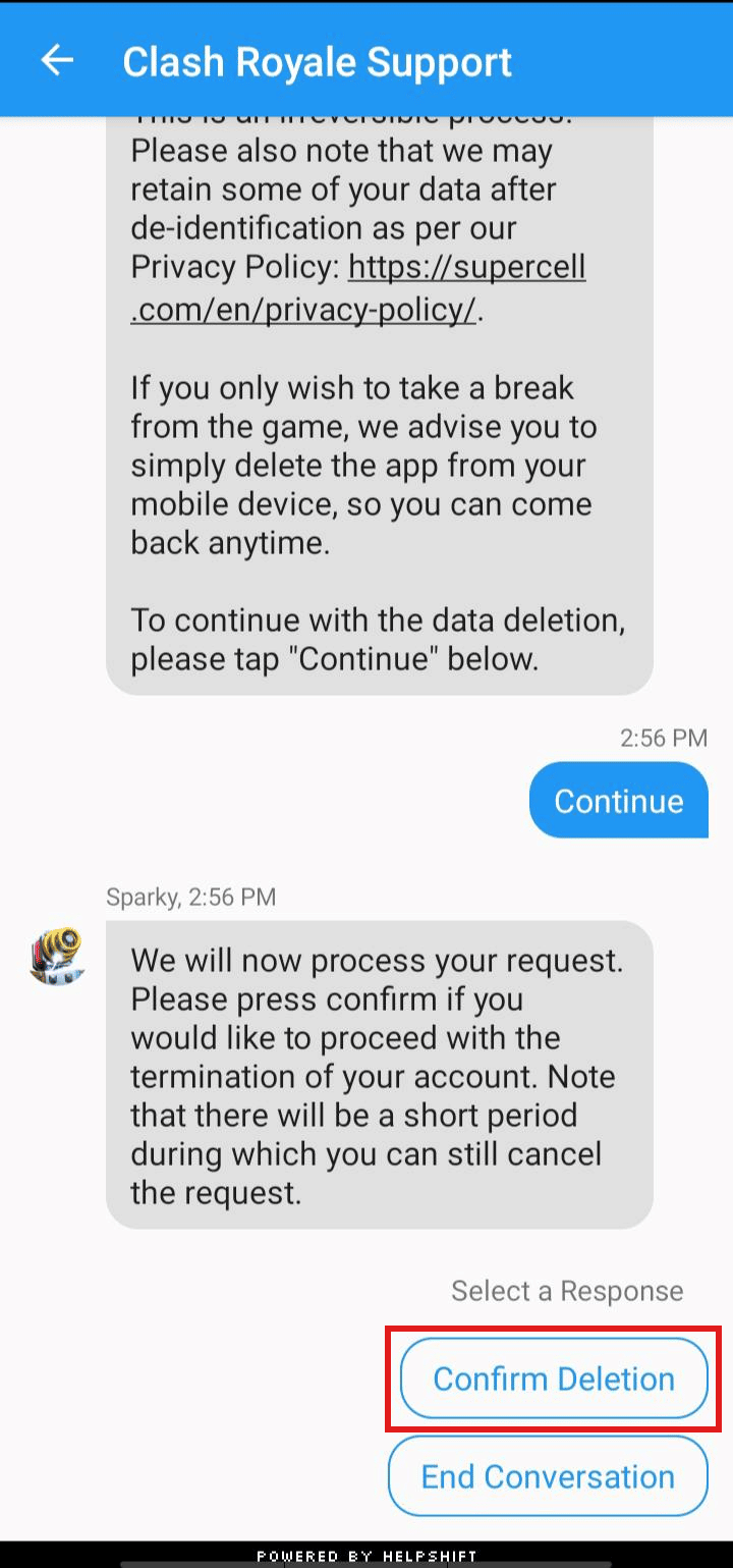 Click on Confirm Deletion to confirm the process of deletion. | remove Supercell ID from Clash Royale